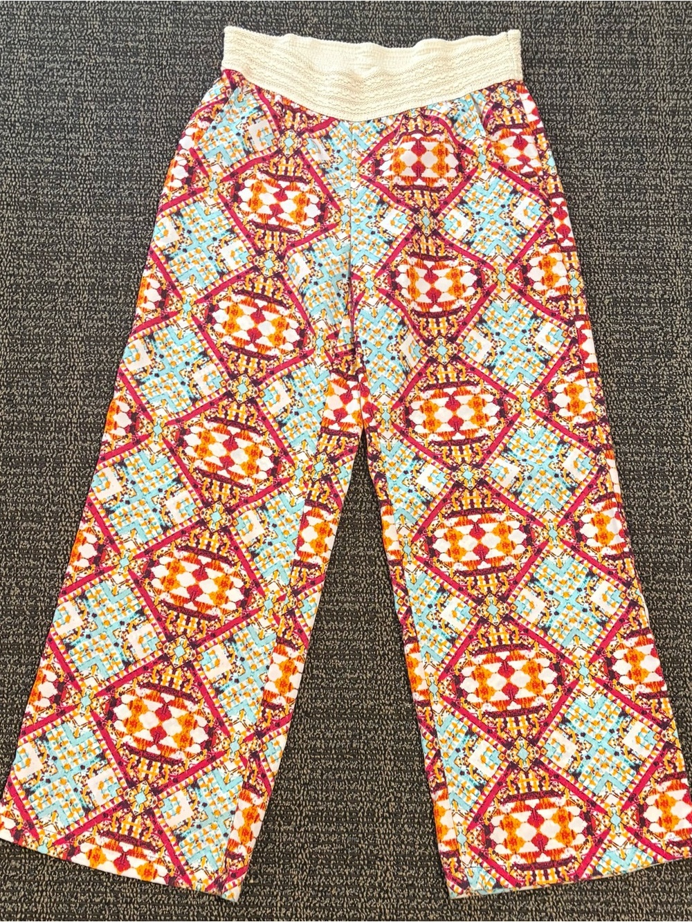 Stoosh Boho Pull On Pants Wide Leg Colorful Crochet Waist Flowy